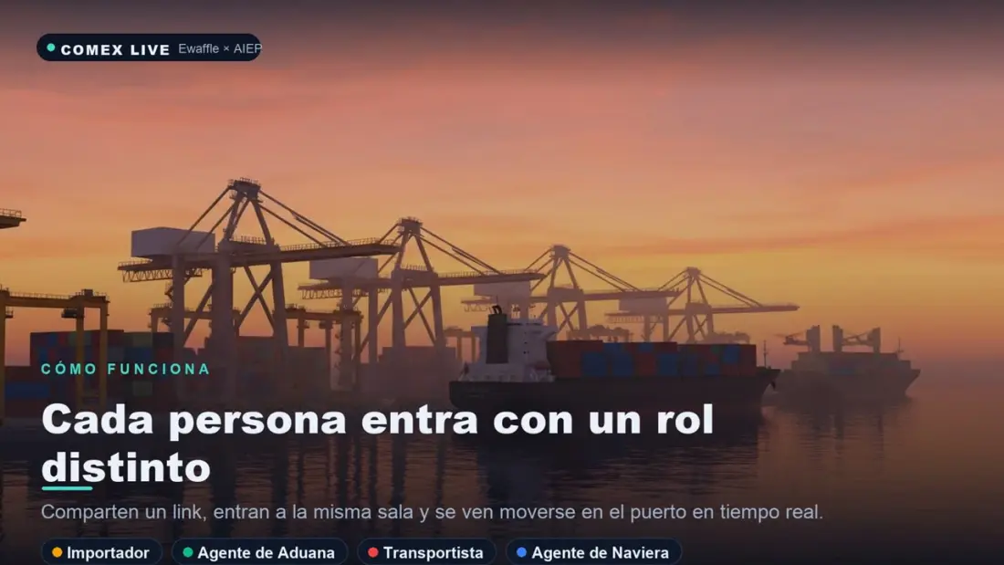 Puerto al atardecer con grúas y portacontenedores, y los cuatro roles del simulador listados abajo