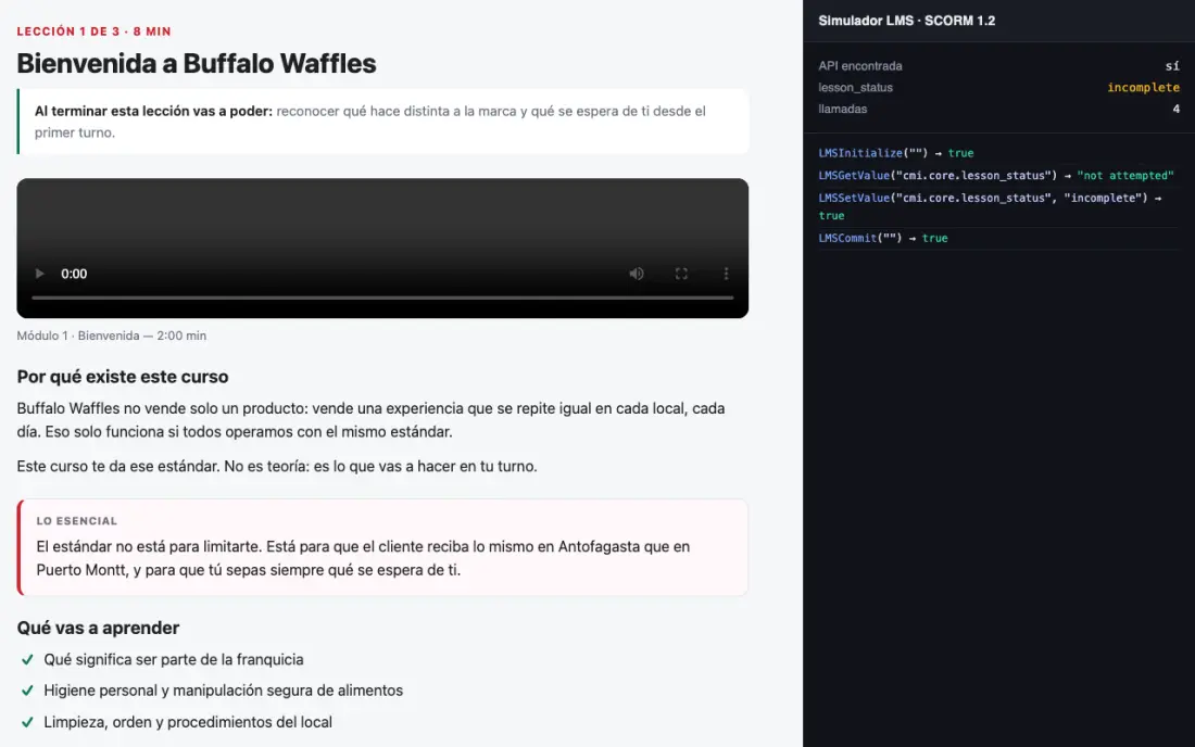 Simulador de LMS con un curso a la izquierda y una consola registrando llamadas SCORM a la derecha